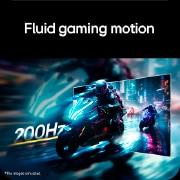 Escena de carreras de motocicletas mostrada en un monitor de juegos, ilustrando una frecuencia de actualización de 200Hz para un movimiento de juego fluido.